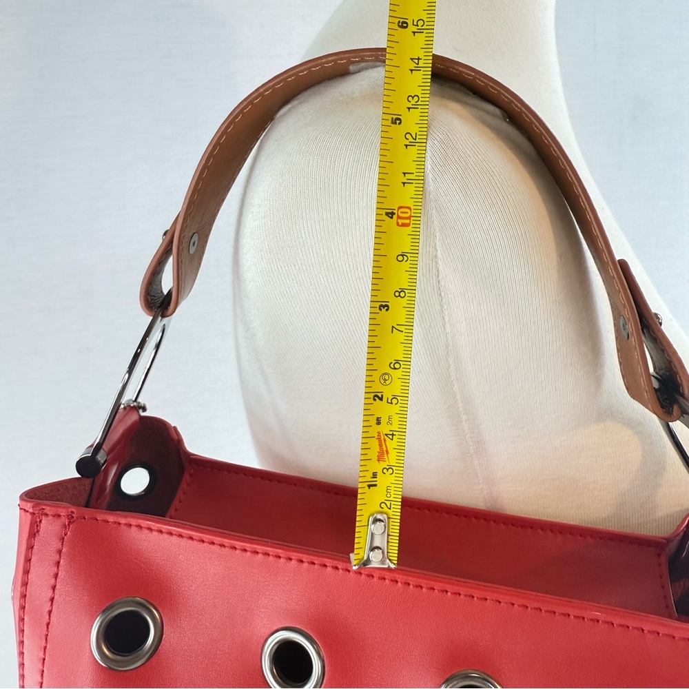 S-ZONE Red All Leather Bucket Tote Bag with Tan Handle and Metal Grommets - Picture 11 of 14